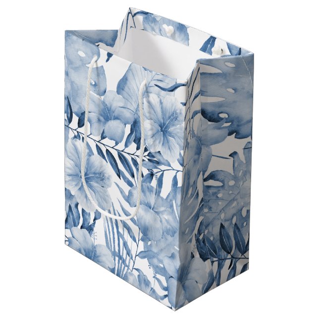 Sac Cadeau Moyen Tropical Fleurs Violettes et Feuilles Bleues pour  (Devant Angle)