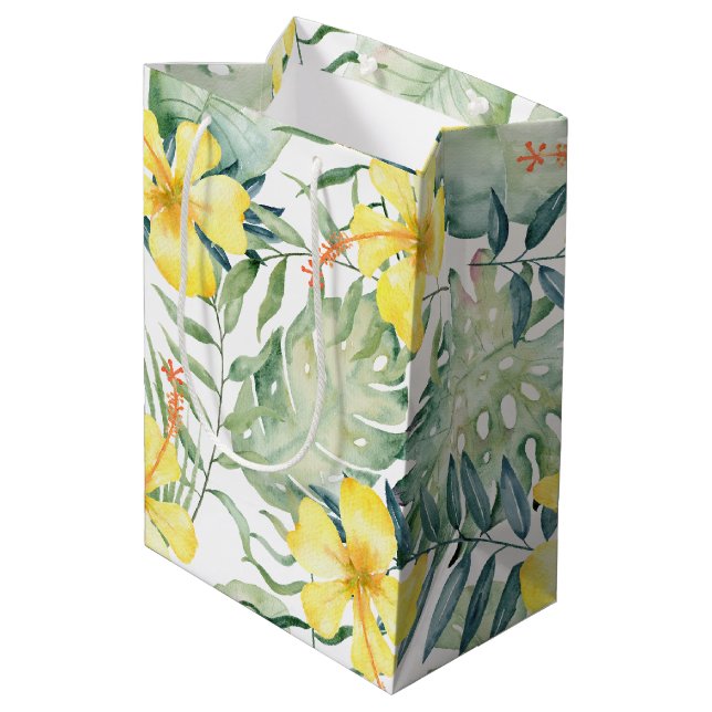 Sac Cadeau Moyen Tropical Jaune Hibiscus Floral Fête de Mariage (Dos Angle)