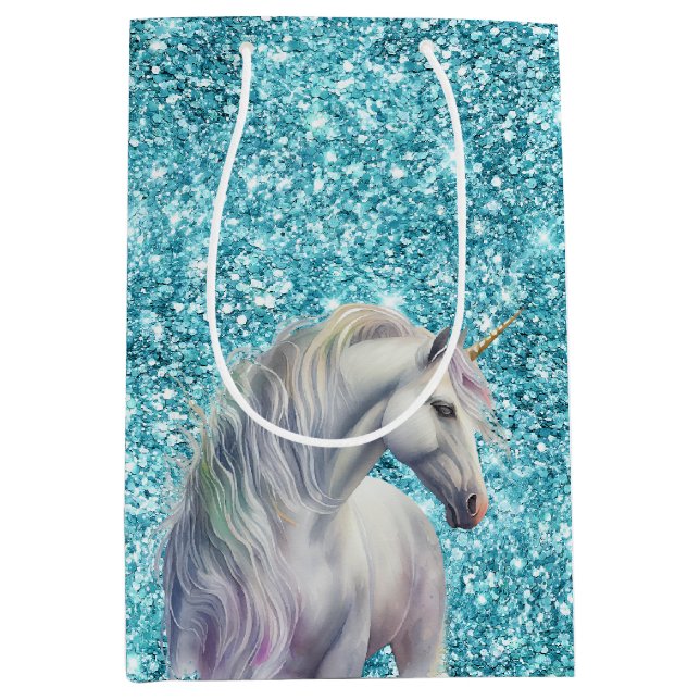 Sac Cadeau Moyen Turquoise Aqua Glitz Parties scintillant Unicorn (Devant)