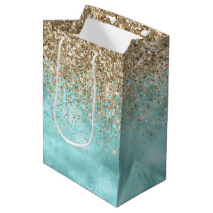Sac Cadeau Moyen Turquoise Aqua Gold Glam Parties scintillant étinc