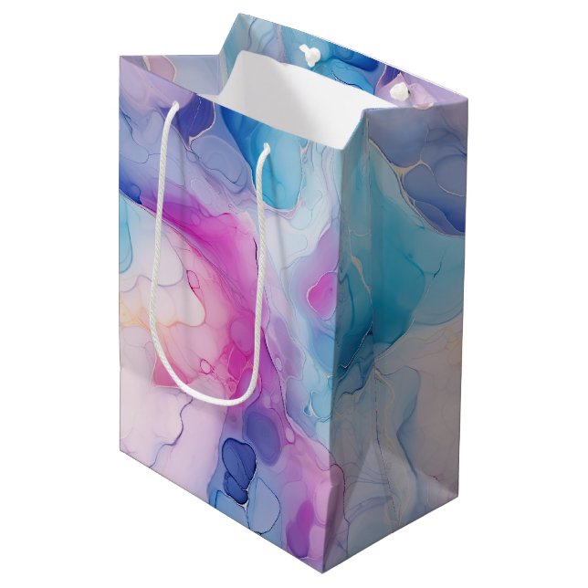 Sac Cadeau Moyen Turquoise Aqua Marbre rose violet Anniversaire (Devant Angle)