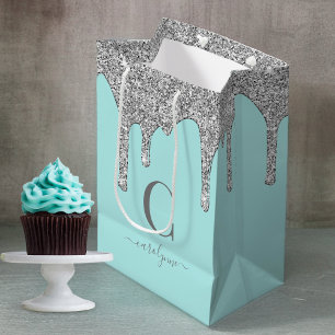 Sac Cadeau Moyen Turquoise Aqua Silver Éperche Parties scintillant 