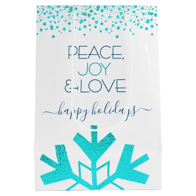 Sac Cadeau Moyen Turquoise Bold Snowflake Paix Joie Amour Typograph (Dos)