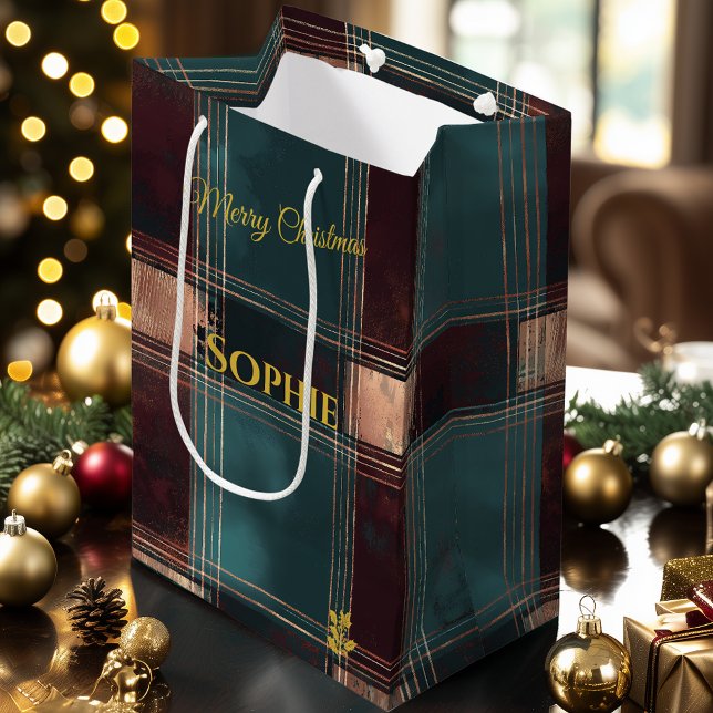 Sac Cadeau Moyen Turquoise et Bourgogne Métallurgique Plaid Noël (Créateur téléchargé)