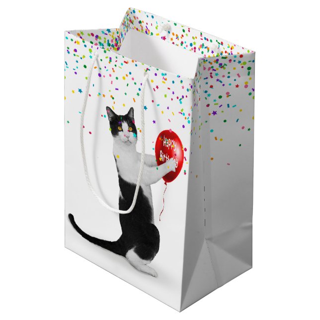 Sac Cadeau Moyen Tuxedo Chat avec Confetti et Ballons d'Anniversair (Devant Angle)