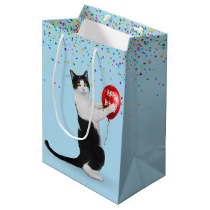 Sac Cadeau Moyen Tuxedo Chat avec Confetti et Ballons d'Anniversair