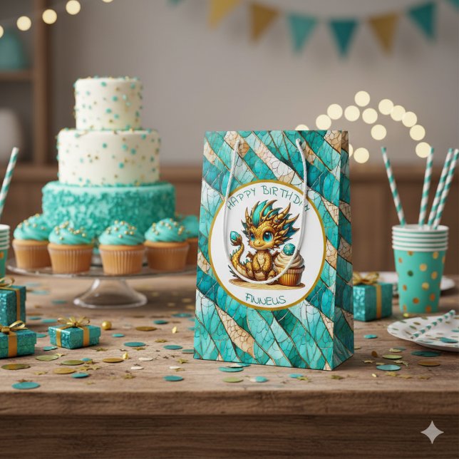 Sac Cadeau Moyen Un dragon Turquoise et d'or Personnalisé pour l'an (Créateur téléchargé)