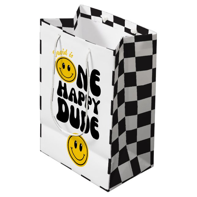 Sac Cadeau Moyen Un joyeux Mec, Joyeux Visage Premier Anniversaire (Devant Angle)