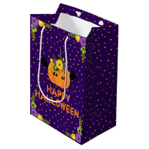 Sac Cadeau Moyen Unicorn Citrouille Floral Happy Halloween violet M