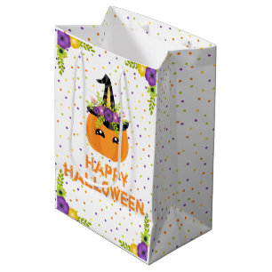 Sac Cadeau Moyen Unicorn Citrouille Floral Happy Halloween White Me
