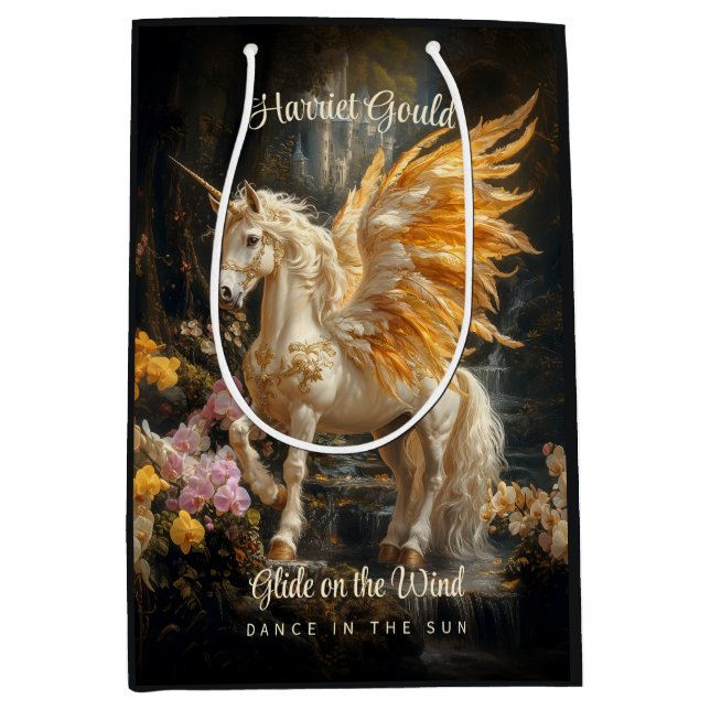 Sac Cadeau Moyen Unicorne de Forêt Magique avec ailes d'or (Devant)