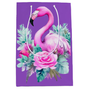 Sac Cadeau Moyen Vacances de Noël Tropical Purple Rose Flamant rose