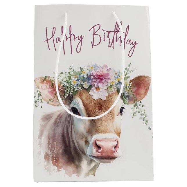 Sac Cadeau Moyen Vache d'anniversaire avec fleurs (Devant)