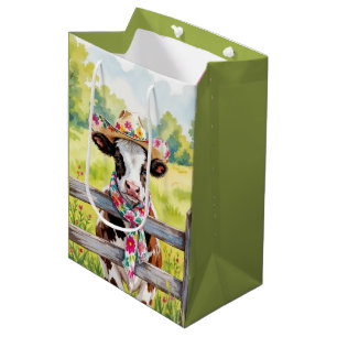Sac Cadeau Moyen Vache d'anniversaire portant un chapeau à motif fl