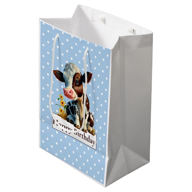 Sac Cadeau Moyen Vache Joyeux anniversaire Daisy Blue (Devant Angle)