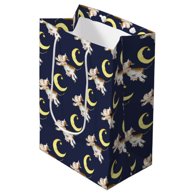 Sac Cadeau Moyen Vache saut lune aquarelle peinture art (Devant Angle)