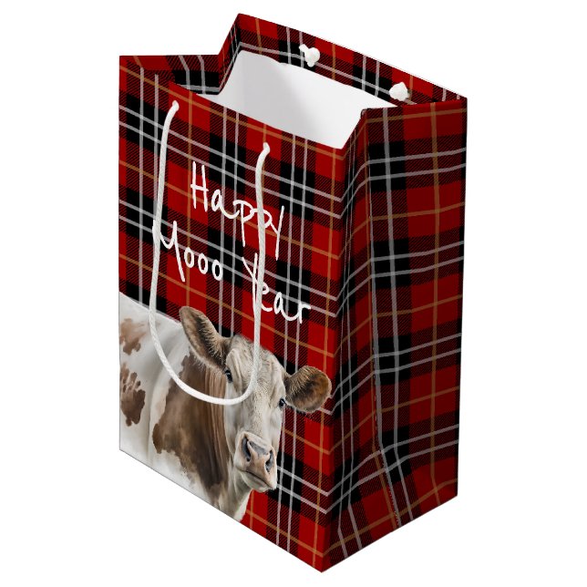 Sac Cadeau Moyen Vache sur Plaid pour le Nouvel An (Devant Angle)