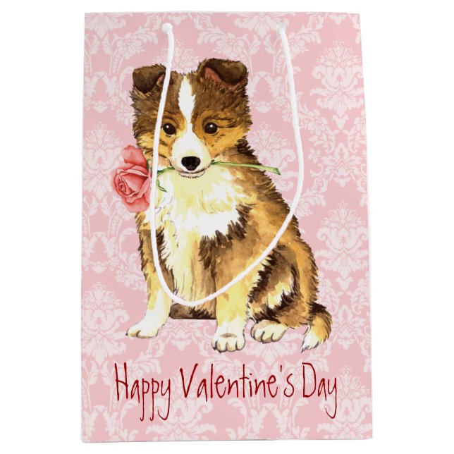 Sac Cadeau Moyen Valentine Sheltie rose (Devant)