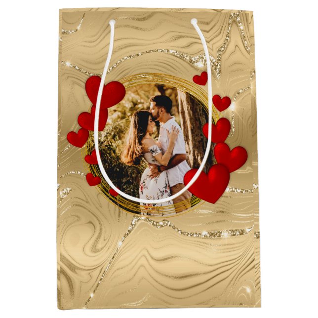 Sac Cadeau Moyen Valentines Élégantes, Amour, Coeurs rouges Anniver (Devant)