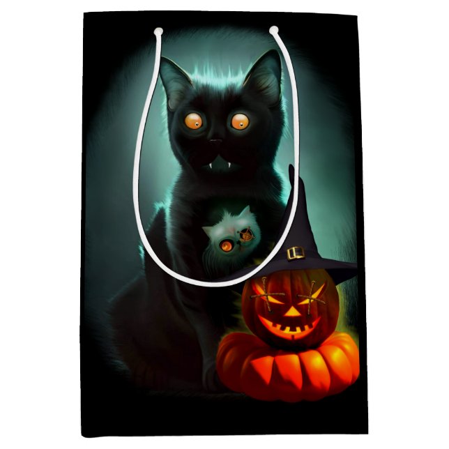 Sac Cadeau Moyen Vampire Chat et Assistant Citrouille Halloween Sur (Devant)