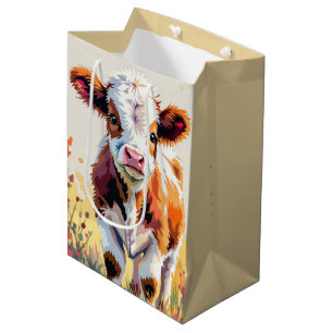 Sac Cadeau Moyen Veau aquarelle d'anniversaire dans un champ de fle