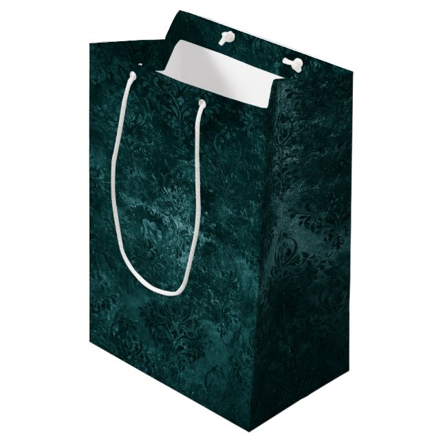 Sac Cadeau Moyen Velvety Turquoise Damask | Grunge vert foncé Baroq (Devant Angle)