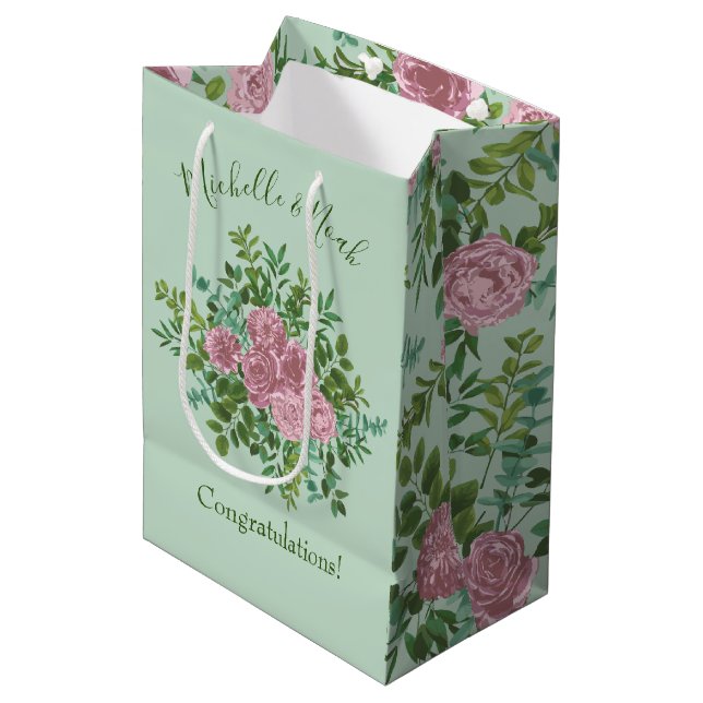Sac Cadeau Moyen Vert clair et rose pâle Rose Mariage floral (Devant Angle)