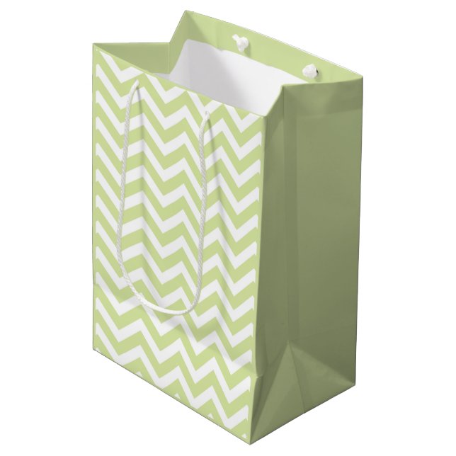 Sac Cadeau Moyen Vert pastel et chevron blanc Mariage Anniversaire (Devant Angle)