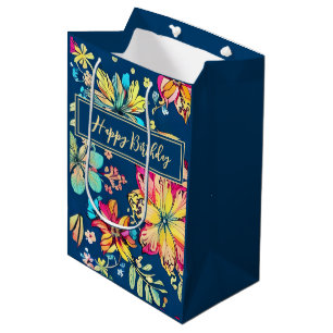 Sac Cadeau Moyen Vibrant Boho Floral Bohemian Flower Joyeux Anniver