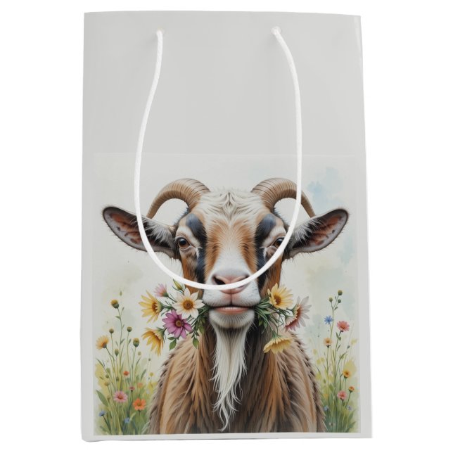 Sac Cadeau Moyen Vielle chèvre aux fleurs Amusante nouveauté Animau (Devant)