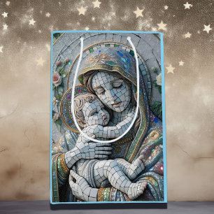 Sac Cadeau Moyen Vierge Marie et bébé Jésus   Statue mosaïque