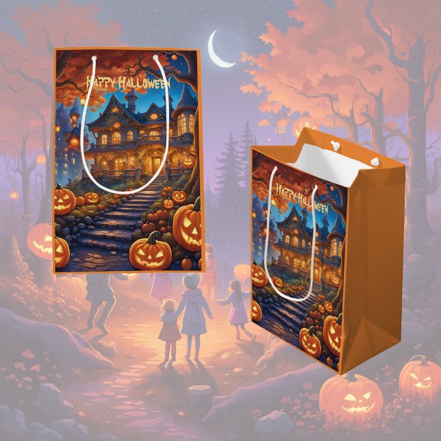 Sac Cadeau Moyen villa éffrayante dans la forêt, citrouilles, Hallo (Créateur téléchargé)