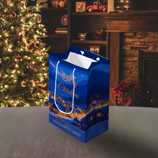 Sac Cadeau Moyen Village d'hiver personnalisé bleu Noël (Créateur téléchargé)