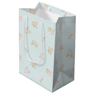 Sac Cadeau Moyen Vintage bleu rose floral poka point crème chic