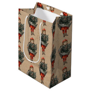 Sac Cadeau Moyen Vintage Christmas Girl & Holly Berries Kraft