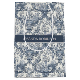 Sac Cadeau Moyen Vintage damas à fleurs Bleu toile de jouy monogram
