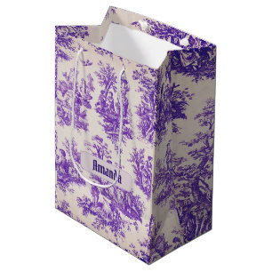 Sac Cadeau Moyen Vintage Fleur Toile de Jouy Monogramme Violet