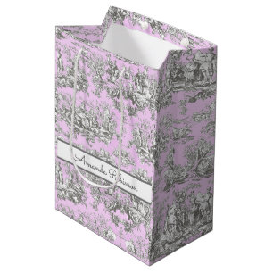 Sac Cadeau Moyen Vintage lac fleuri rose toile de jouy monogramme