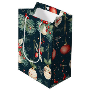 Sac Cadeau Moyen Vintage Noël Turquoise et Motif rouge