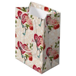Sac Cadeau Moyen Vintage Red Roses & Key to My Heart Valentine's