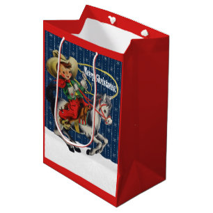 Sac Cadeau Moyen Vintage Western Cowboy Kid Horse corde Noël