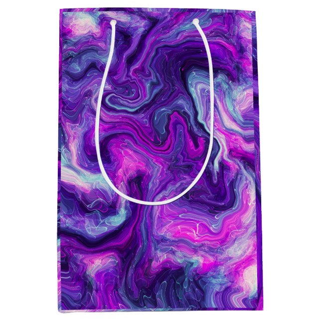 Sac Cadeau Moyen Violet, Bleu, Marbre rose Fluide Art Anniversaire (Devant)