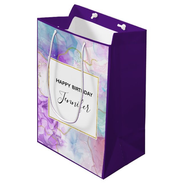 Sac Cadeau Moyen Violet, Vert, Rose Couleurs Fleurs Classic Anniver (Devant Angle)