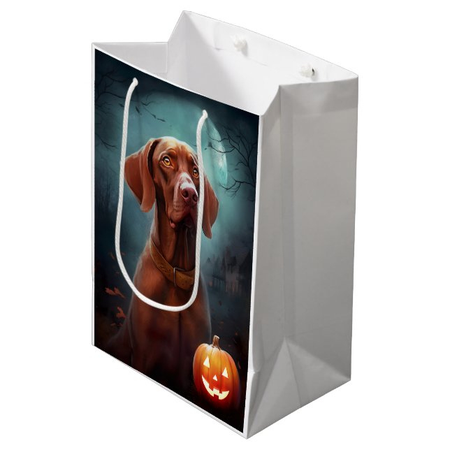 Sac Cadeau Moyen Vizsla d'Halloween avec la peur Citrouille (Devant Angle)
