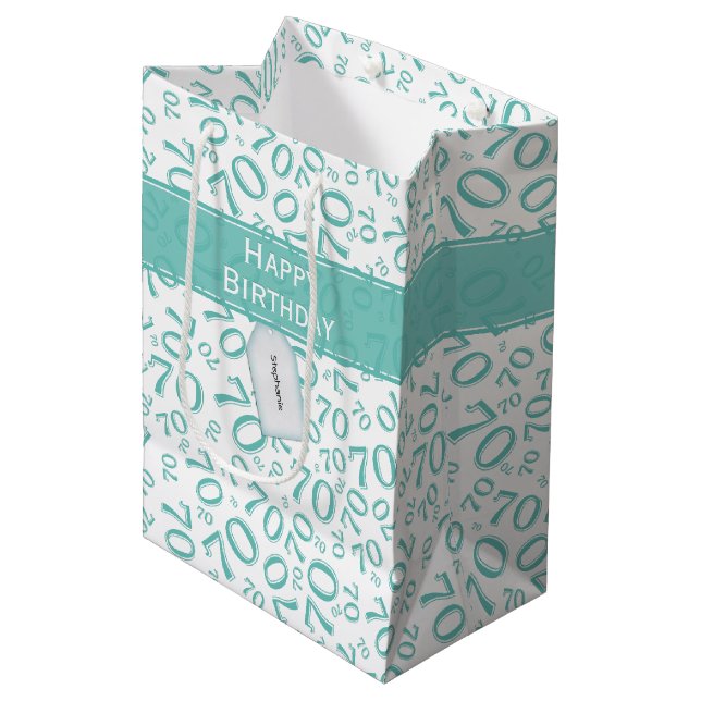 Sac Cadeau Moyen Votre texte : 70e anniversaire Turquoise Numéro 70 (Devant Angle)