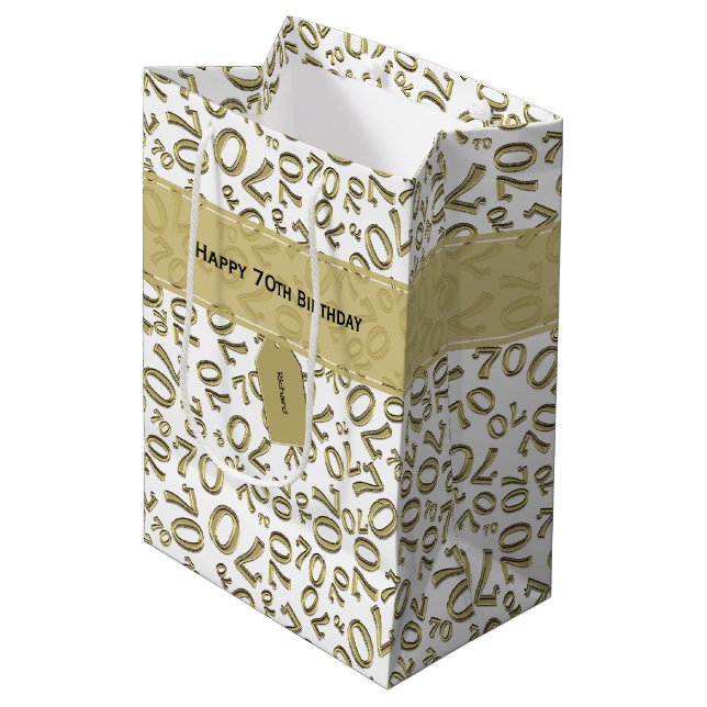 Sac Cadeau Moyen Votre texte : 70th Birthday Gold Number 70 Motif (Devant Angle)