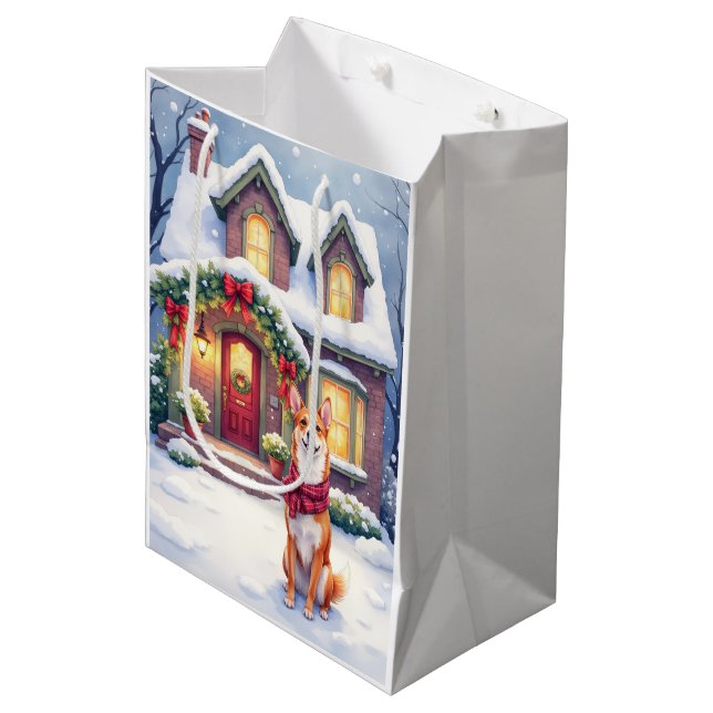 Sac Cadeau Moyen Watercolor Basenji Townhouse Christmas Holiday (Devant Angle)