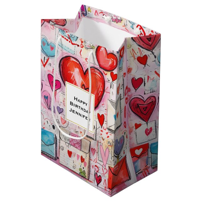 Sac Cadeau Moyen Whimsical Hearts and Love Letters Motif Anniversai (Devant Angle)