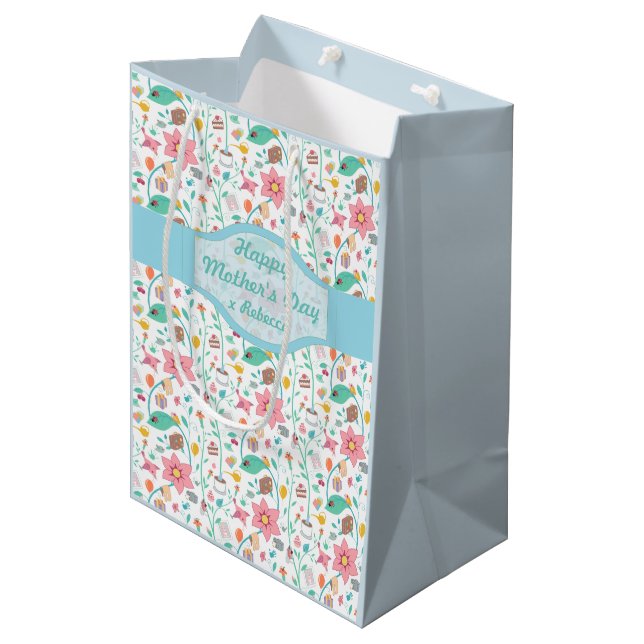 Sac Cadeau Moyen Whimsical Pretty Mère's Day Motif Personnalisé (Devant Angle)
