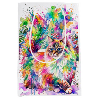 Sac Cadeau Moyen Whimsical Rainbow Watercolor Fluffy Cat in Winter 